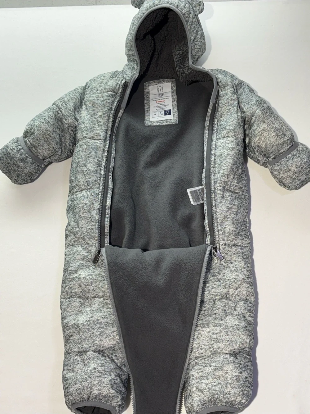 Baby Gap Cold Control Ultra Max, Heather Puffer Snowsuit with Bear-Ear Hood.